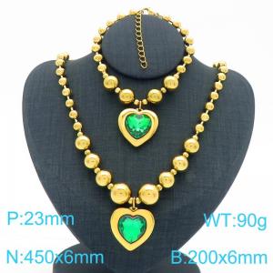 European and American cross-border stainless steel gold-plated jewelry exaggerated round bead punk heart-shaped pendant bracelet necklace two-piece set - KS223928-Z