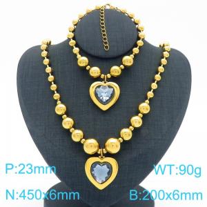 European and American cross-border stainless steel gold-plated jewelry exaggerated round bead punk heart-shaped pendant bracelet necklace two-piece set - KS223929-Z