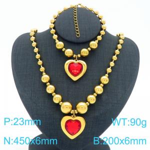 European and American cross-border stainless steel gold-plated jewelry exaggerated round bead punk heart-shaped pendant bracelet necklace two-piece set - KS223930-Z