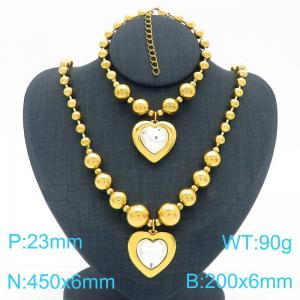 European and American cross-border stainless steel gold-plated jewelry exaggerated round bead punk heart-shaped pendant bracelet necklace two-piece set - KS223931-Z