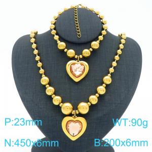 European and American cross-border stainless steel gold-plated jewelry exaggerated round bead punk heart-shaped pendant bracelet necklace two-piece set - KS223932-Z