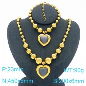 European and American cross-border stainless steel gold-plated jewelry exaggerated round bead punk heart-shaped pendant bracelet necklace two-piece set - KS223933-Z