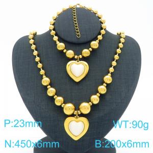 European and American cross-border stainless steel gold-plated jewelry exaggerated round bead punk heart-shaped pendant bracelet necklace two-piece set - KS223934-Z