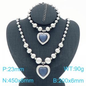 European and American cross-border stainless steel jewelry exaggerated round bead punk heart-shaped pendant bracelet necklace two-piece set - KS223936-Z