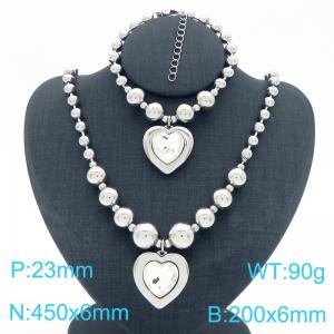 European and American cross-border stainless steel jewelry exaggerated round bead punk heart-shaped pendant bracelet necklace two-piece set - KS223937-Z