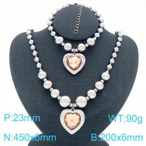 European and American cross-border stainless steel jewelry exaggerated round bead punk heart-shaped pendant bracelet necklace two-piece set - KS223938-Z