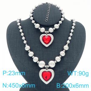 European and American cross-border stainless steel jewelry exaggerated round bead punk heart-shaped pendant bracelet necklace two-piece set - KS223939-Z