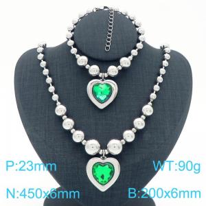 European and American cross-border stainless steel jewelry exaggerated round bead punk heart-shaped pendant bracelet necklace two-piece set - KS223940-Z