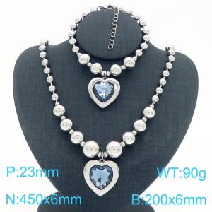 European and American cross-border stainless steel jewelry exaggerated round bead punk heart-shaped pendant bracelet necklace two-piece set - KS223941-Z