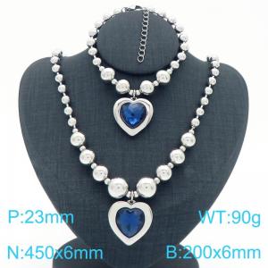 European and American cross-border stainless steel jewelry exaggerated round bead punk heart-shaped pendant bracelet necklace two-piece set - KS223942-Z