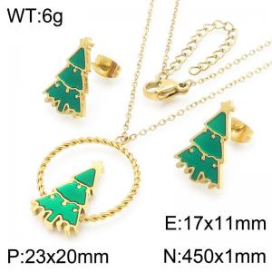 Christmas Tree Stainless Steel Necklace Earings For Women Girl Gold Silver Color 2-Piece Set - KS224043-GC