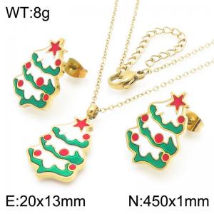 Christmas Tree Stainless Steel Necklace Earings For Women Girl Gold Silver Color 2-Piece Set - KS224047-GC