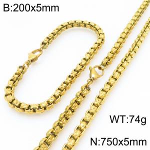 200 × 5mm&750 × 5mm stainless steel simple and fashionable creative wrinkled square pearl chain lobster buckle jewelry charm gold set - KS224553-Z