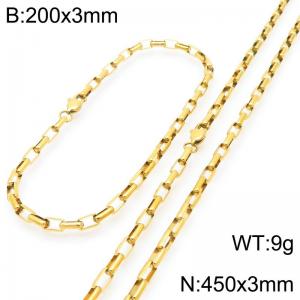 Stainless steel fashionable and simple 3mm long curved gold-plated box chain bracelet necklace two-piece set - KS224778-Z