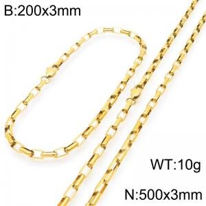 Stainless steel fashionable and simple 3mm long curved gold-plated box chain bracelet necklace two-piece set - KS224779-Z