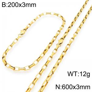 Stainless steel fashionable and simple 3mm long curved gold-plated box chain bracelet necklace two-piece set - KS224781-Z