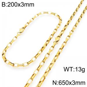 Stainless steel fashionable and simple 3mm long curved gold-plated box chain bracelet necklace two-piece set - KS224782-Z