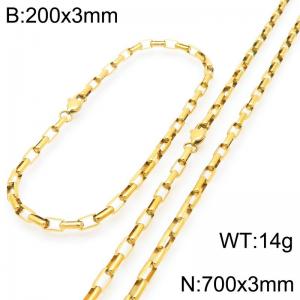 Stainless steel fashionable and simple 3mm long curved gold-plated box chain bracelet necklace two-piece set - KS224783-Z