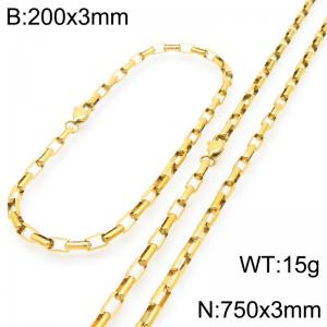 Stainless steel fashionable and simple 3mm long curved gold-plated box chain bracelet necklace two-piece set - KS224784-Z