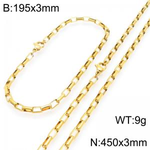 Stainless steel fashionable and simple 3mm long curved gold-plated box chain bracelet necklace two-piece set - KS224792-Z