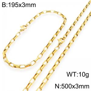 Stainless steel fashionable and simple 3mm long curved gold-plated box chain bracelet necklace two-piece set - KS224793-Z