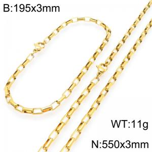 Stainless steel fashionable and simple 3mm long curved gold-plated box chain bracelet necklace two-piece set - KS224794-Z