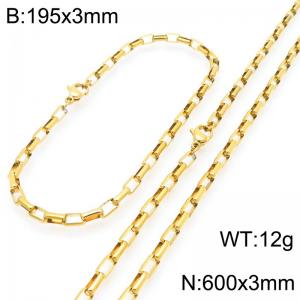 Stainless steel fashionable and simple 3mm long curved gold-plated box chain bracelet necklace two-piece set - KS224795-Z