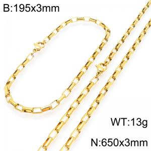 Stainless steel fashionable and simple 3mm long curved gold-plated box chain bracelet necklace two-piece set - KS224796-Z