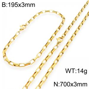 Stainless steel fashionable and simple 3mm long curved gold-plated box chain bracelet necklace two-piece set - KS224797-Z