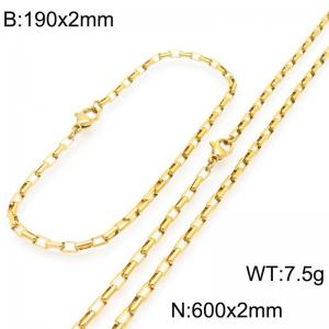 Stainless steel fashionable and simple 2mm long curved gold-plated box chain bracelet necklace two-piece set - KS224897-Z