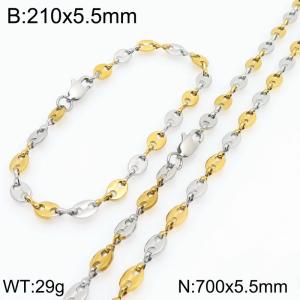700cm Stainless Steel Set Geometric Bean Shape Link Chain Necklace&Bracelet Silver Gold Color - KS225496-Z