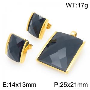 Big Square Black Zircon Jewelry Set Stainless Steel Gold Geometry Charm Earring Pendant Set - KS225751-GC
