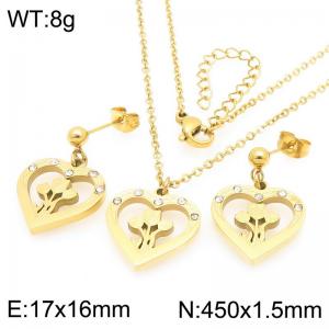 Fashion countryside style stainless steel diamond studded heart and flower earrings and necklace two-piece set - KS226083-Z