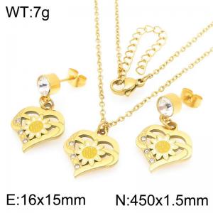 Fashion countryside style stainless steel diamond studded heart-shaped and colorful flower earrings and necklace two-piece set - KS226086-Z
