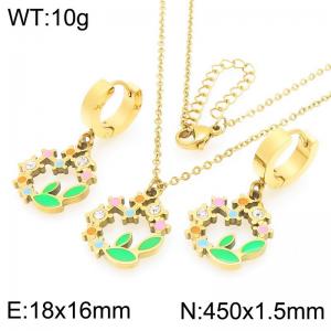 Fashion countryside style stainless steel diamond studded colorful green leaf earrings and necklace two-piece set - KS226088-Z