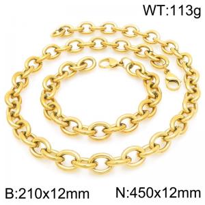 Fashionable and minimalist stainless steel 12mm O-chain gold-plated bracelet and necklace two-piece set - KS226302-Z