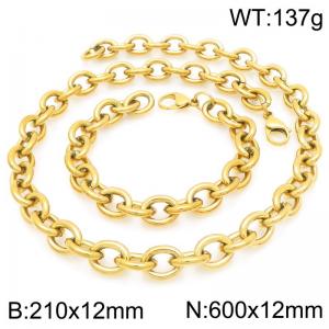 Fashionable and minimalist stainless steel 12mm O-chain gold-plated bracelet and necklace two-piece set - KS226305-Z