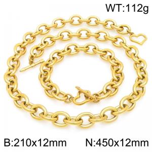 Personalized and trendy stainless steel 12mm O-chain gold-plated bracelet and necklace set, paired with heart-shaped OT buckle - KS226322-Z