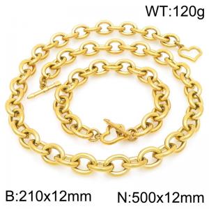 Personalized and trendy stainless steel 12mm O-chain gold-plated bracelet and necklace set, paired with heart-shaped OT buckle - KS226323-Z