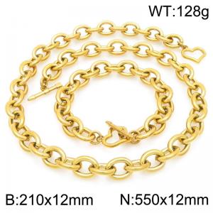 Personalized and trendy stainless steel 12mm O-chain gold-plated bracelet and necklace set, paired with heart-shaped OT buckle - KS226324-Z