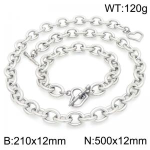 Personalized and trendy stainless steel 12mm O-chain bracelet and necklace set, paired with heart-shaped OT buckle - KS226327-Z