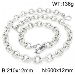 Personalized and trendy stainless steel 12mm O-chain bracelet and necklace set, paired with heart-shaped OT buckle - KS226329-Z