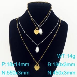 Two piece set of stainless steel double-layer pearl chain bracelet necklace with heart and pearl pendant - KS226699-Z