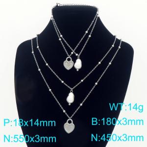 Two piece set of stainless steel double-layer pearl chain bracelet necklace with heart and pearl pendant - KS226700-Z