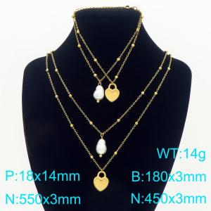Two piece set of stainless steel double-layer pearl chain bracelet necklace with heart and pearl pendant - KS226701-Z