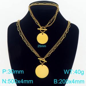 Stainless steel double-layer splicing chain OT buckle with smooth hanging tag bracelet necklace two-piece set - KS226837-Z