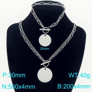 Stainless steel double-layer splicing chain OT buckle with smooth hanging tag bracelet necklace two-piece set - KS226838-Z