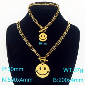 Stainless steel double-layer splicing chain OT buckle paired with smiling face expression tag bracelet necklace two-piece set - KS226839-Z