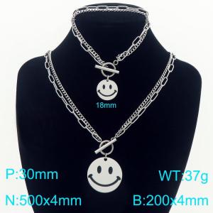 Stainless steel double-layer splicing chain OT buckle paired with smiling face expression tag bracelet necklace two-piece set - KS226840-Z