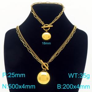 Stainless steel double-layer splicing chain OT buckle with steel ball pendant bracelet necklace two-piece set - KS226841-Z